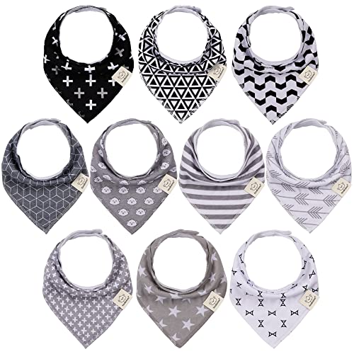 10-Pack Organic Baby Bandana Bibs - Organic Cotton Bandana Bibs for Boys, Girls - Super Absorbent Bandana Drool Bibs - Teething Bibs - Baby Bibs for Infant, Toddler (MONOS)
