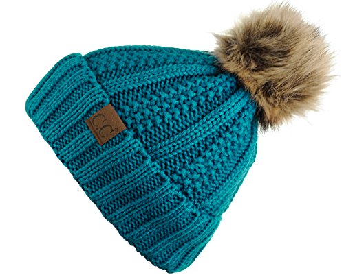 C.C Thick Cable Knit Faux Fuzzy Fur Pom Fleece Lined Skull Cap Cuff Beanie, Teal - Image 4