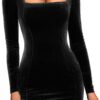 GOBLES Womens Sexy Velvet Long Sleeve Bodycon Elegant Mini Party Dress Black